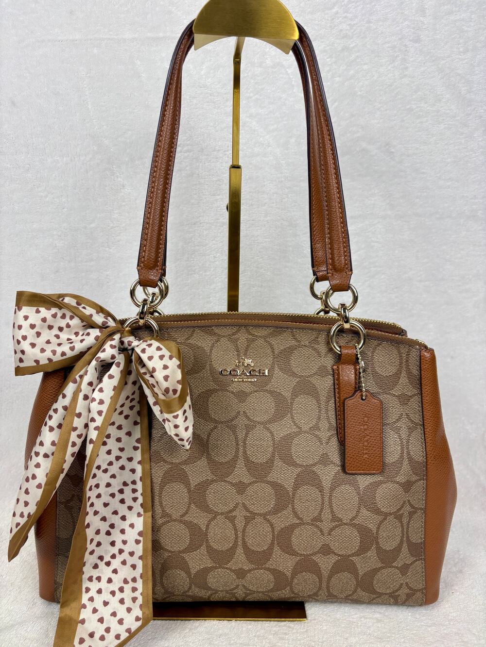 Coach Christie Carryall in Khaki/Saddle Coated Canvas with Scarf